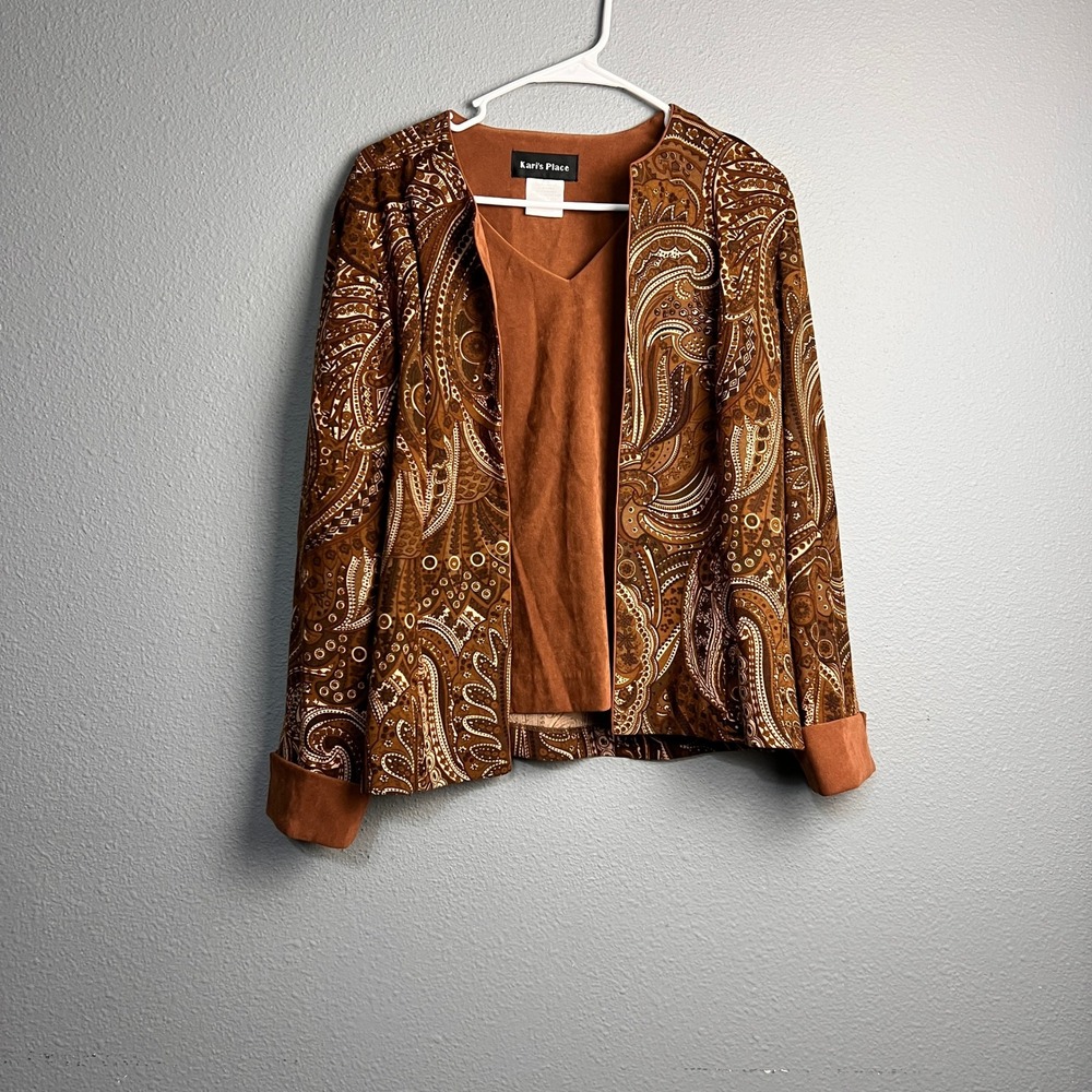 Karis Place Womens 14P Brown Paisley Faux Suede 2 Piece Jacket and Tank Set 921‎